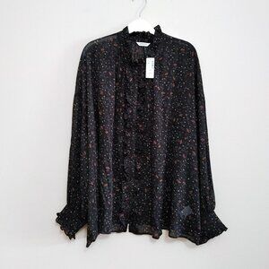 Reitmans Signature Women's Ruffle Neck Button Up Sheer  Blouse Size 2X Black
